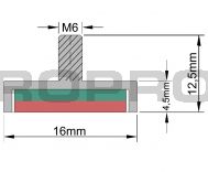 Pot magnet 16x4.5mm with M6x6mm, 9,5 kg