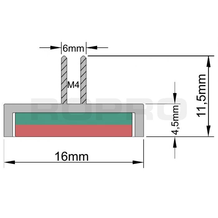 Topfmagnet 16x4,5mm mit M4x7mm gewindebuchse, 8kg