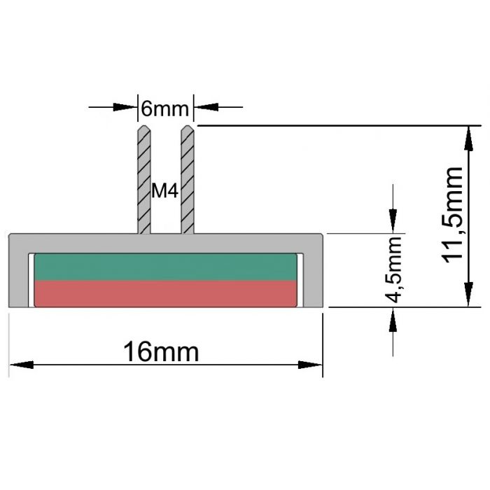Aimant en pot 16x4,5mm avec douille taraudée M4x7mm, 8kg