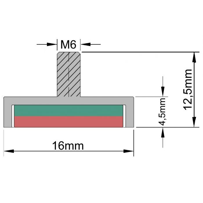 Topfmagnet 16x4,5 mm mit M6x6mm, 9,5 kg Topfmagnet 16x4,5 mm mit M6x6mm, 9,5 kg