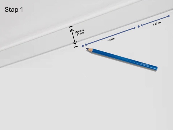 Afstanden en boorposities markeren voor montage van een schilderijrail