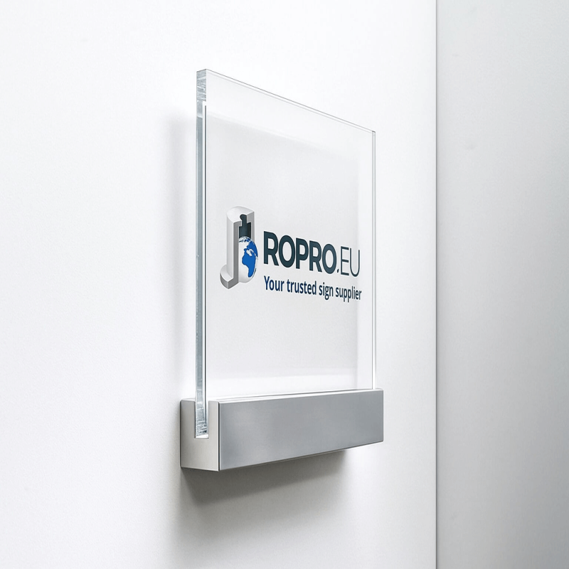 Design naambord met logo bevestigd met signclamp.